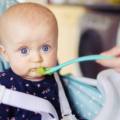 neonato mangia la prima pappa nel seggiolone