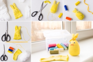 Step-by-step photo instruction. Easter bunny made for the holiday.  DIY concept. Collage. Step 1-6. Step-by-step photo instruction. Easter bunny made for the holiday.  DIY concept. Collage. Step 1-6.