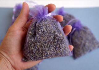 Female hand holds purple organza bag with lavender seeds Female hand holds purple organza bag with lavender seeds